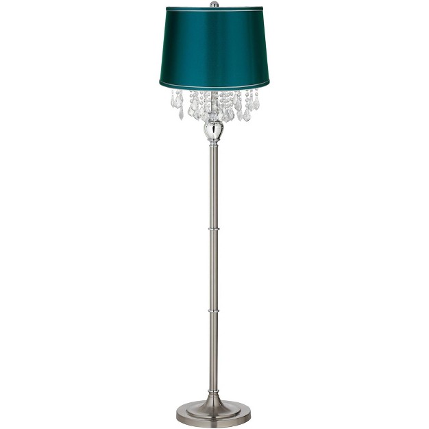 Tall Satin Steel Crystal Chandelier Teal Blue Satin Drum Shade For Living Room Reading Bedroom Office