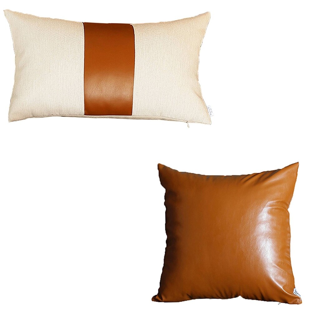 Bohemian Mixed Set of 2 Vegan Faux Leather Brown Solid Throw Pillow Cover