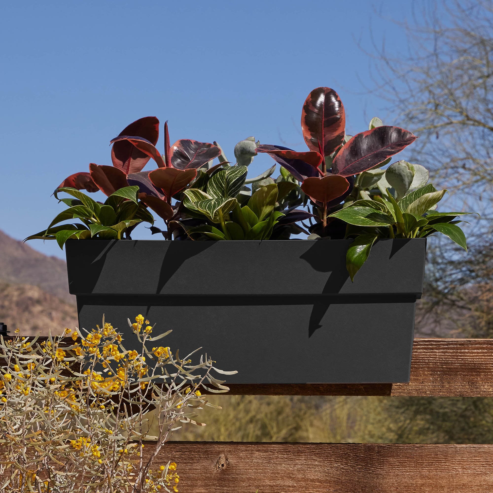 Bloem Finley Deck Rail Rectangle Planter: 24" - Black - Matte Finish, Fits Rail Sizes 3"-6", 100% Recycled Plastic Box, For Indoor and Outdoor Use, Gardening, 7.5 Gallon Capacity