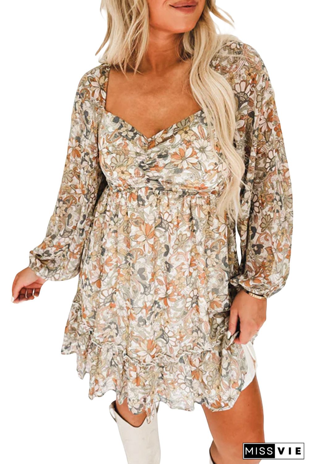 Floral Print Smocked Back Puff Sleeve Mini Dress