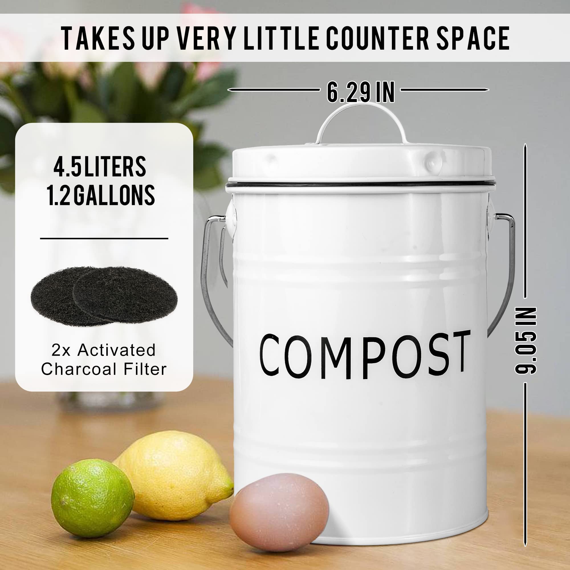 Prime Garden 1.2 gal. Compost Bin with Stainless Steel Lid,White