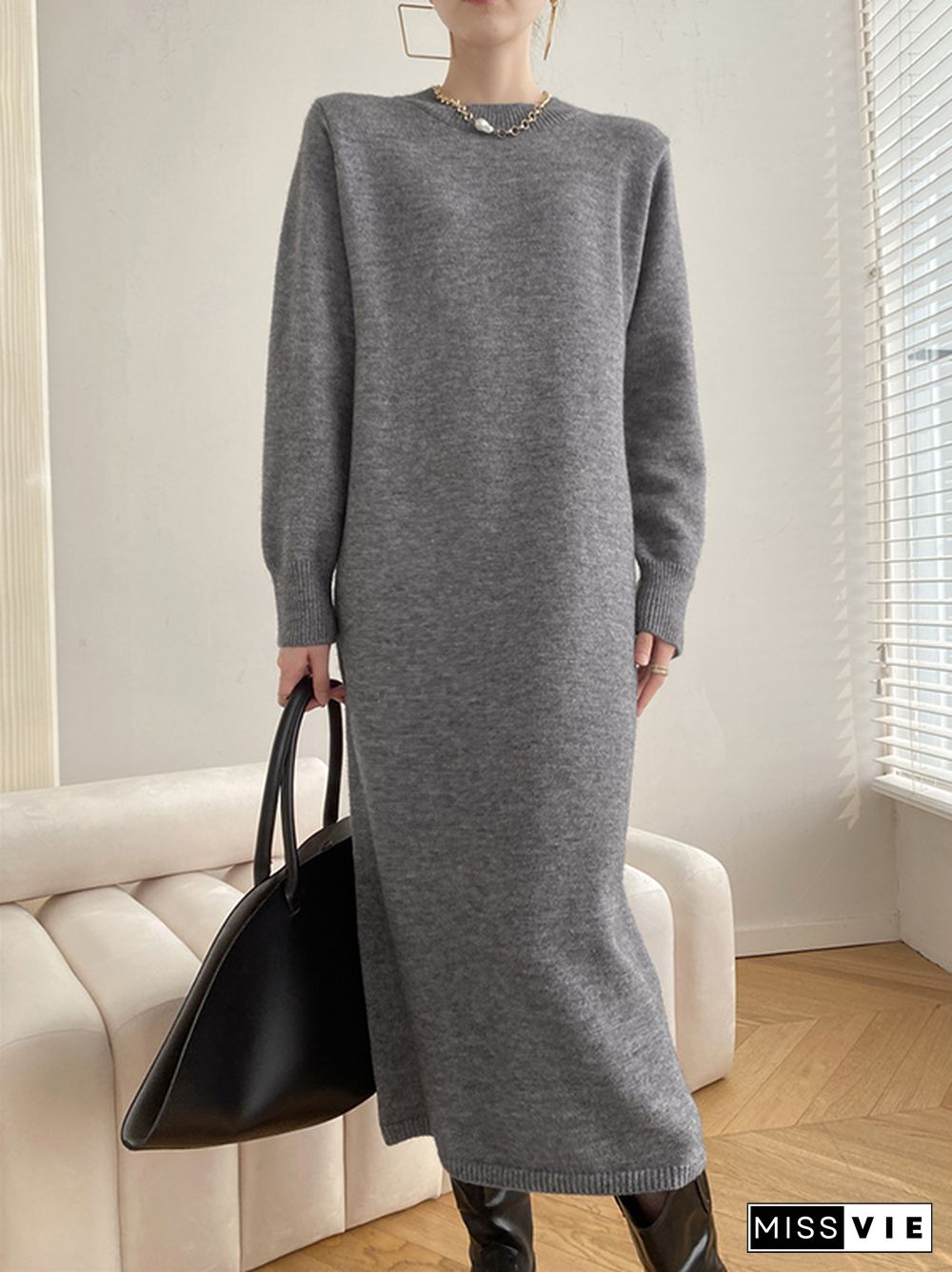 Urban Loose Long Sleeves Solid Color Round-Neck Sweater Dresses