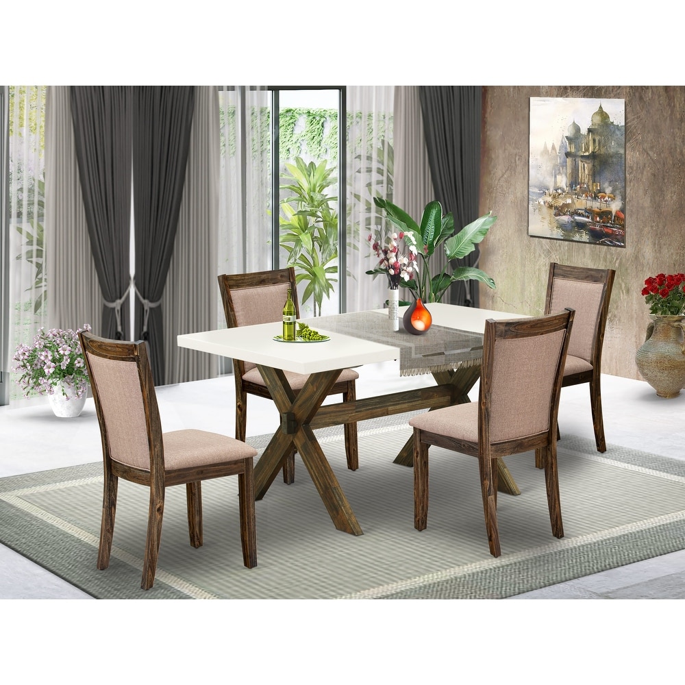 East West Furniture Dinette Set  a Dining Table and Dark Khaki Linen Fabric Chairs  Distressed Jacobean(Pieces Options)