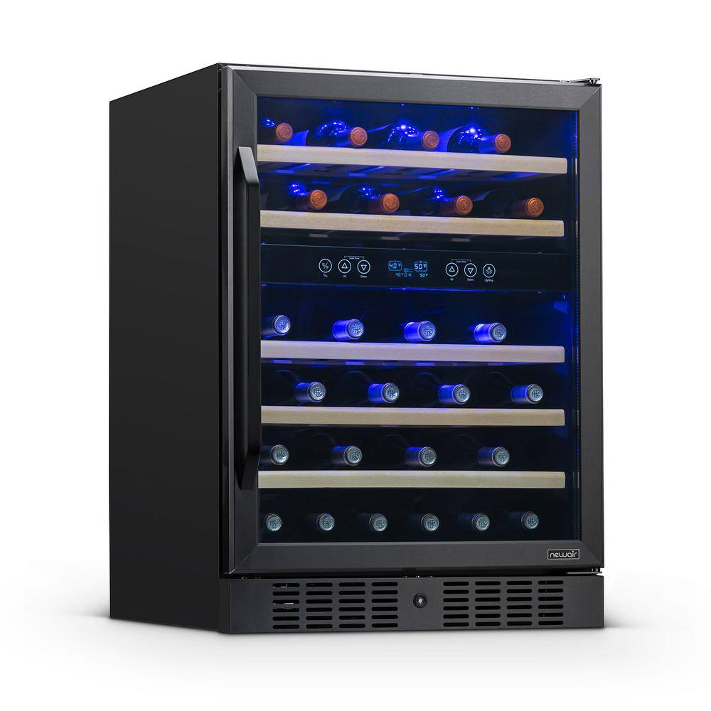 NewAir Dual Zone 24 in. 46-Bottle Built-In Wine Cooler Fridge with Quiet Operation  Beech Wood Shelves - Black Stainless Steel NWC046BS00