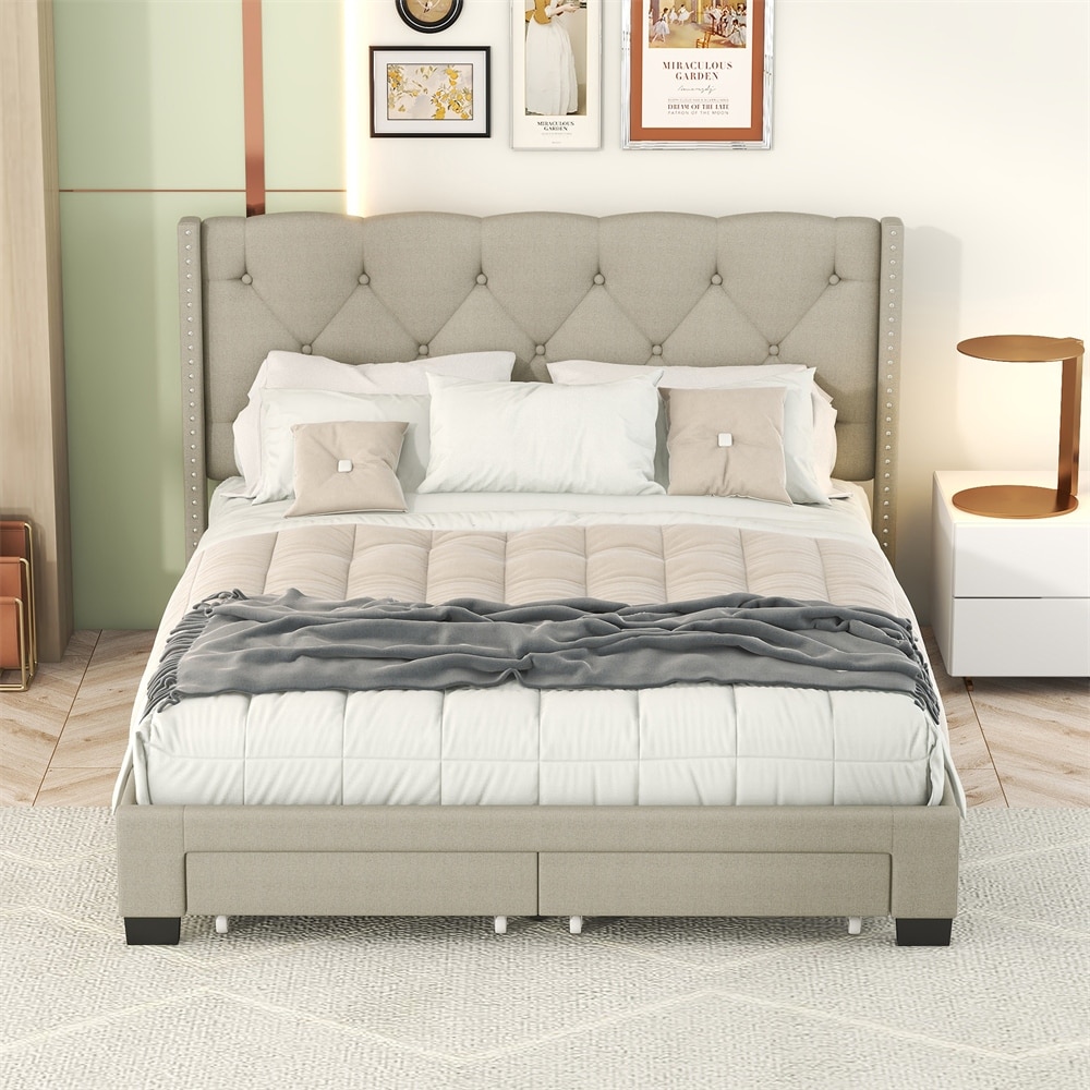 Queen Size Storage Bed Linen Upholstered Platform Bed with Two Drawers