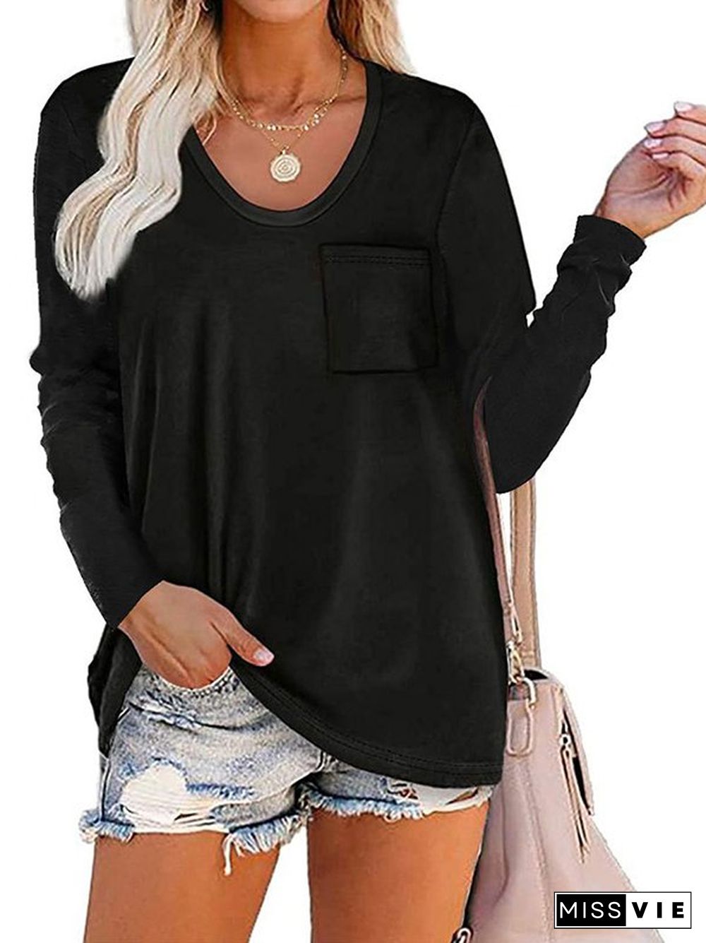 Long Sleeve Crew Neck Solid Casual T-shirt