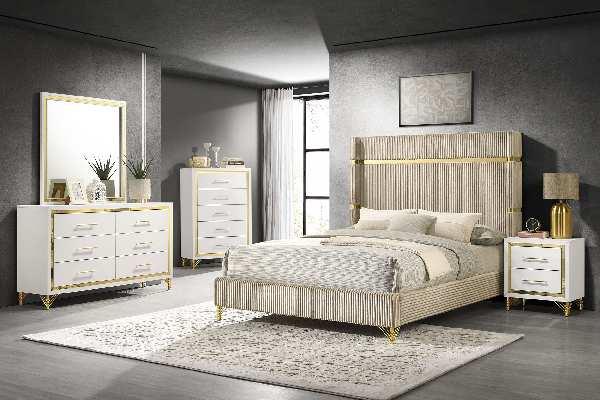 Lucia 5-Piece Bedroom Set With Upholstered Wingback Panel Bed Beige - 224731Q