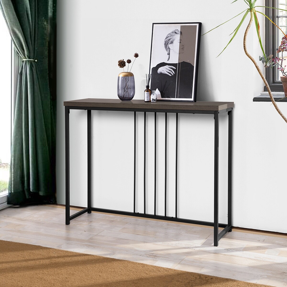 Homy Casa Brown Metal Wood Console Table