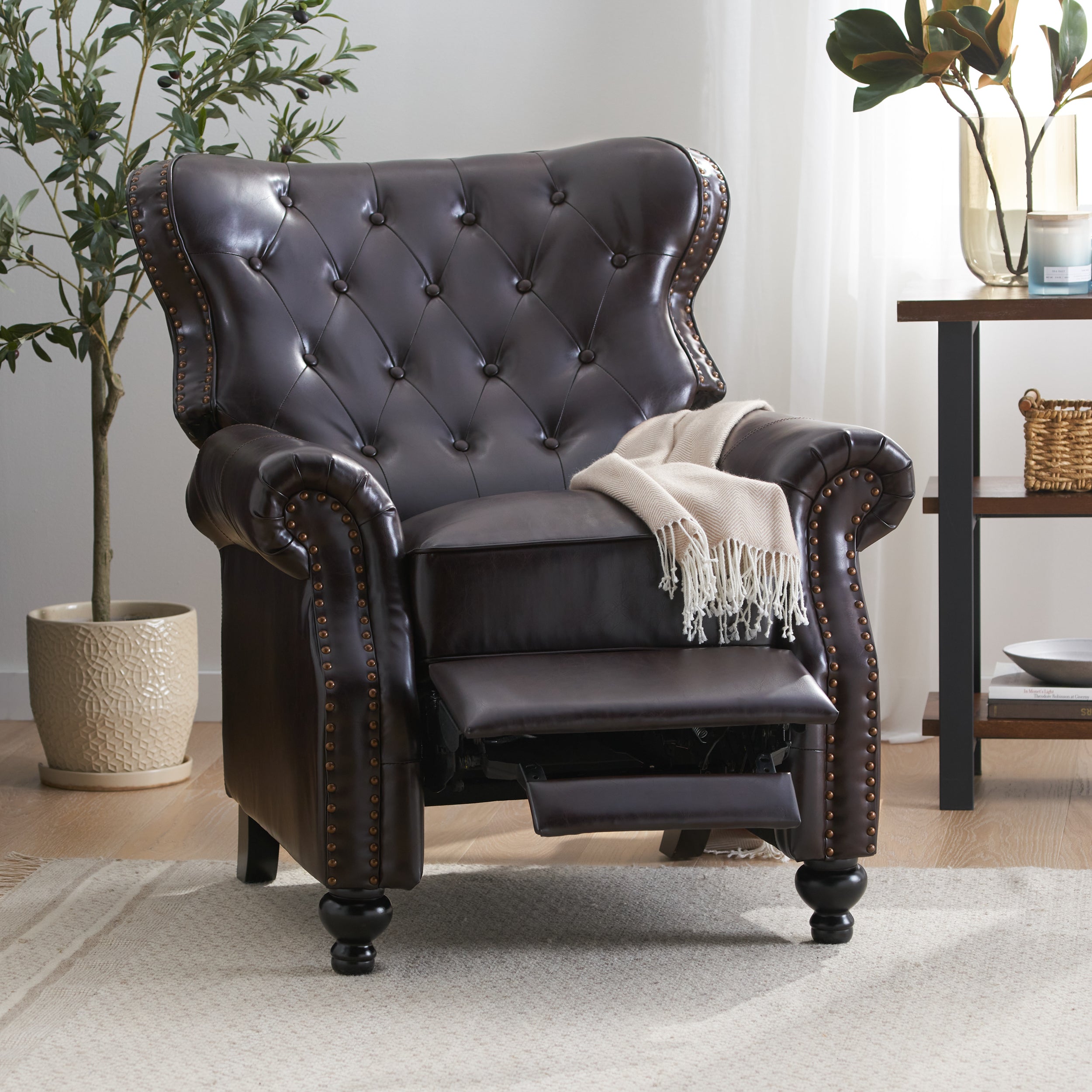 Walder Contemporary Tufted Recliner with Nailhead Trim, Brown and Dark Brown