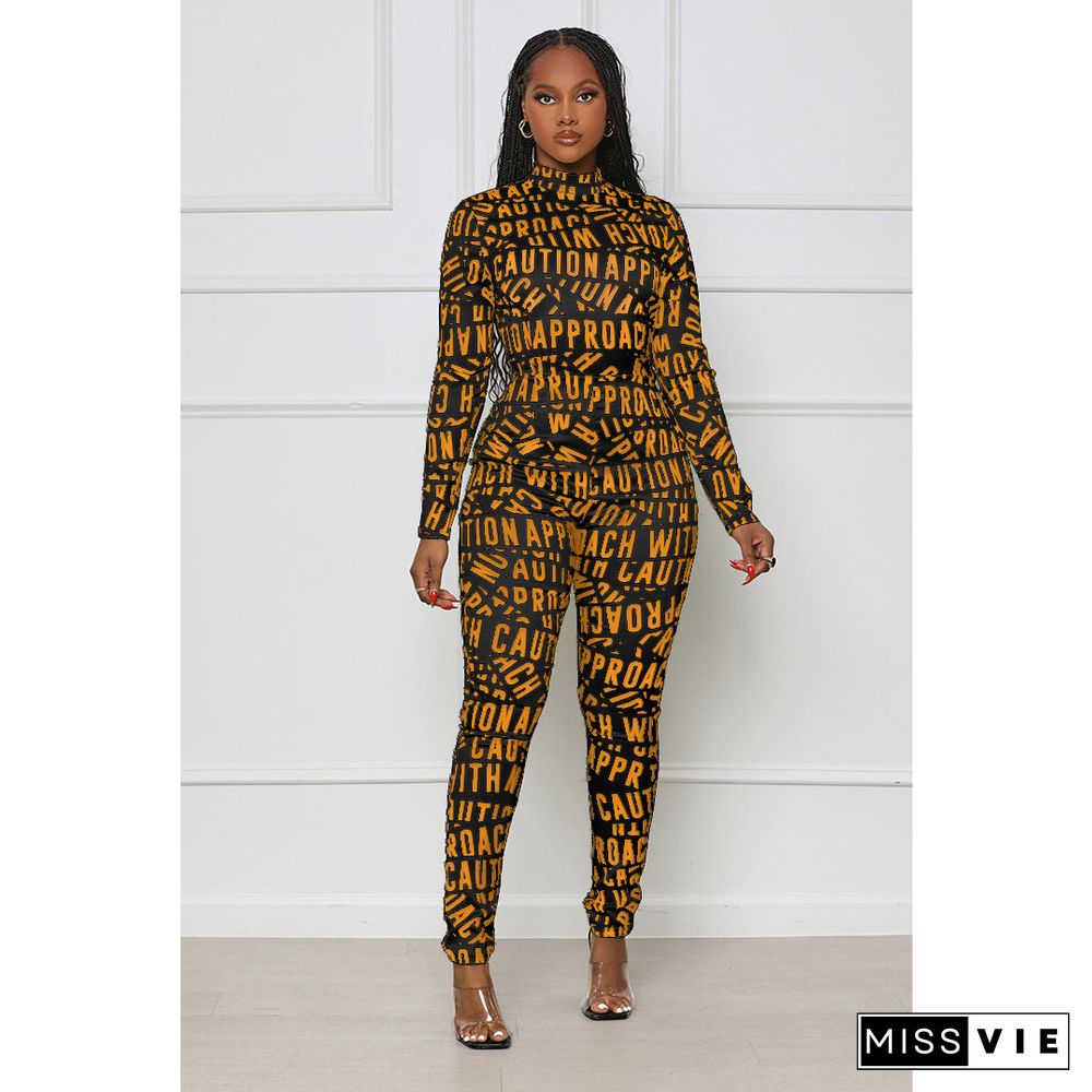 Letter Print Half High Neck Zipper Jumpsuit