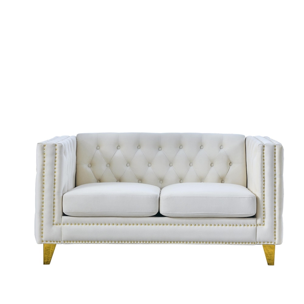 Buttons Tufted Square Arm Couch Set  Velvet Upholstered Sofa with Removable Cushion and Metal Legs for Living Room