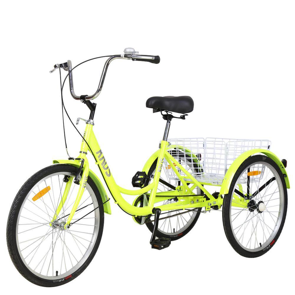 Runesay 26 in. Wheels Cruiser Bicycles Adult Tricycle Trikes 3-Wheel Bikes with Large Shopping Basket Single Speed in Yellow BIKECYN708