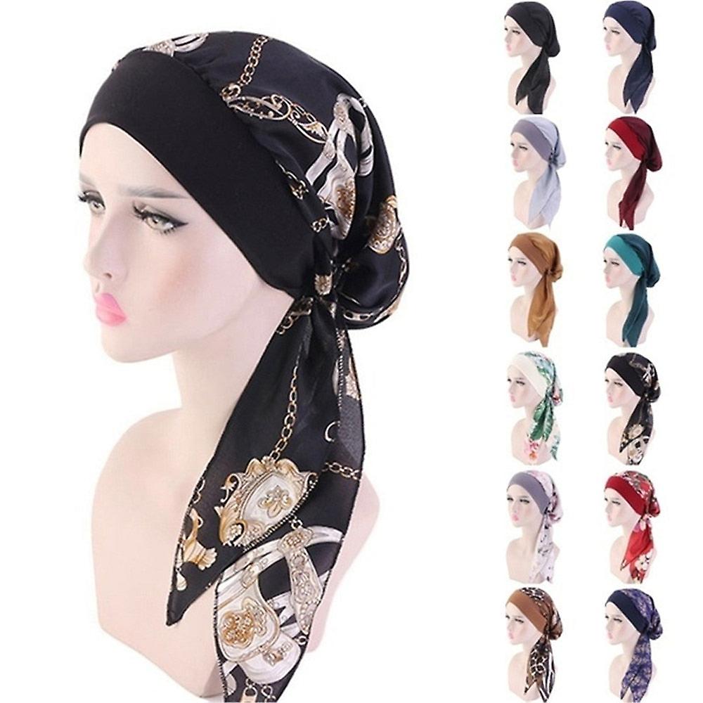 Women's Muslim Turban Hijab Cancer Chemo Hat Flower Print Cap Hair Loss Cover