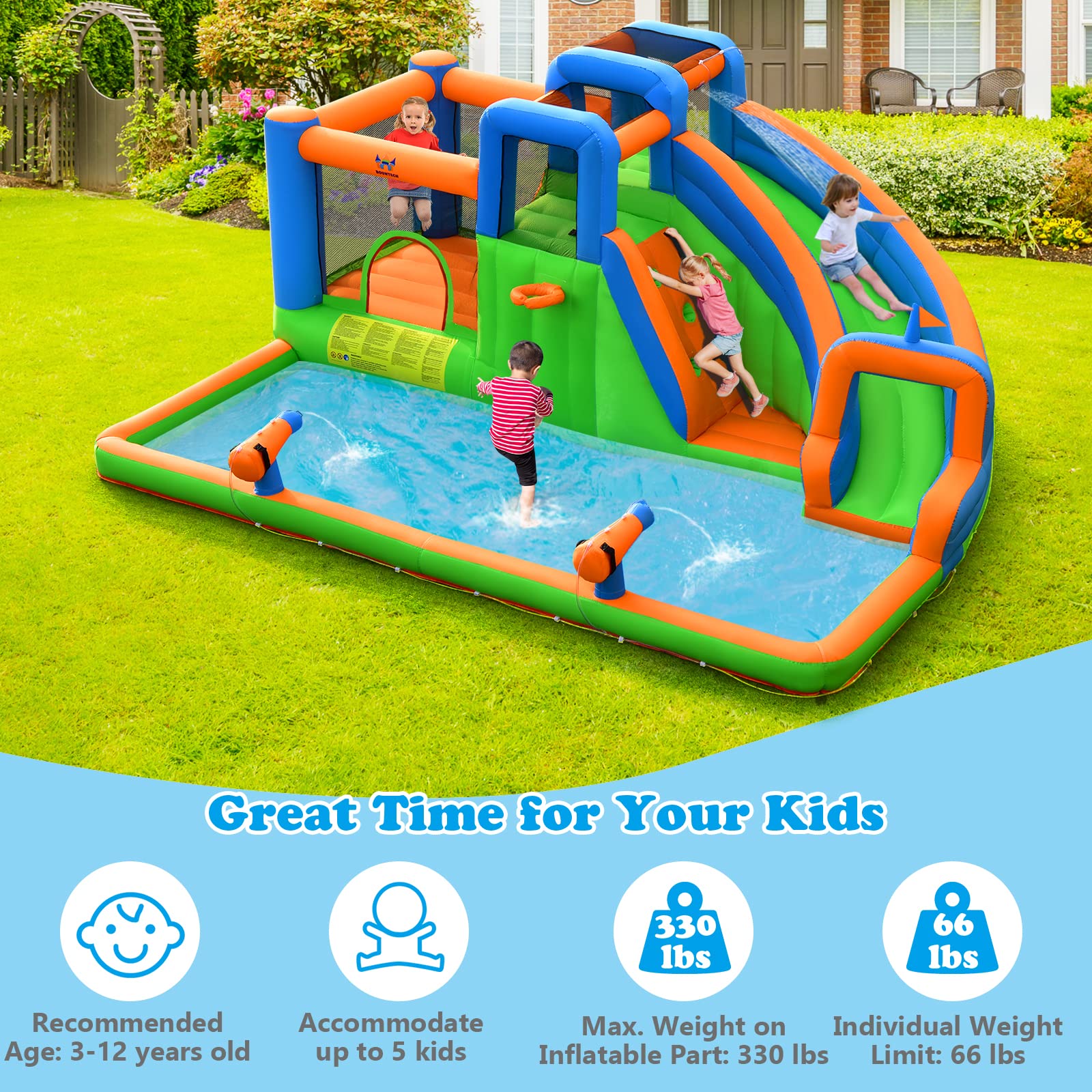 Costzon Inflatable Water Slide, 7 in 1 Indoor Outdoor Kids Water Bounce House Jumping Castle