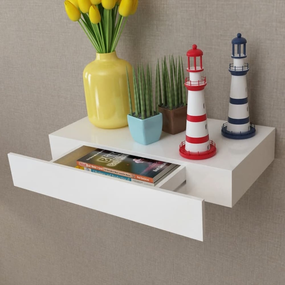 vidaXL White MDF Floating Wall Display Shelf 1 Drawer Book/DVD Storage   18.9\