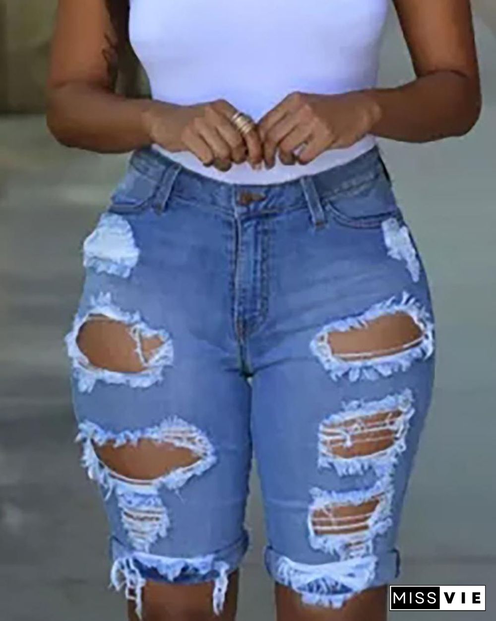 Ripped Cutout Casual Denim Shorts