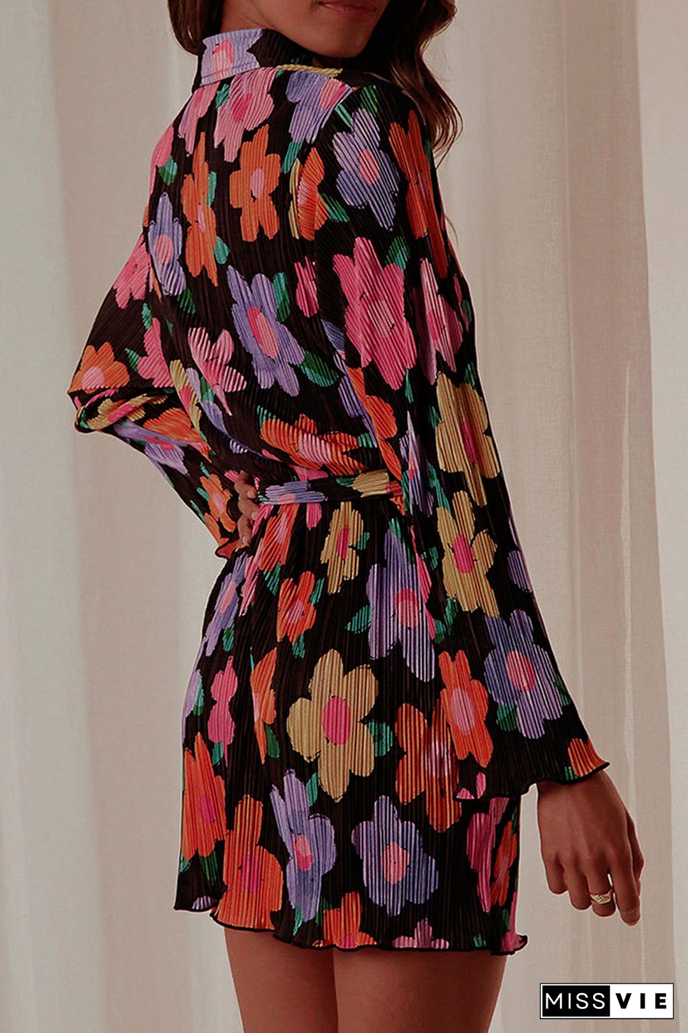 Open Button Floral Print Pleated Long Sleeves Dress