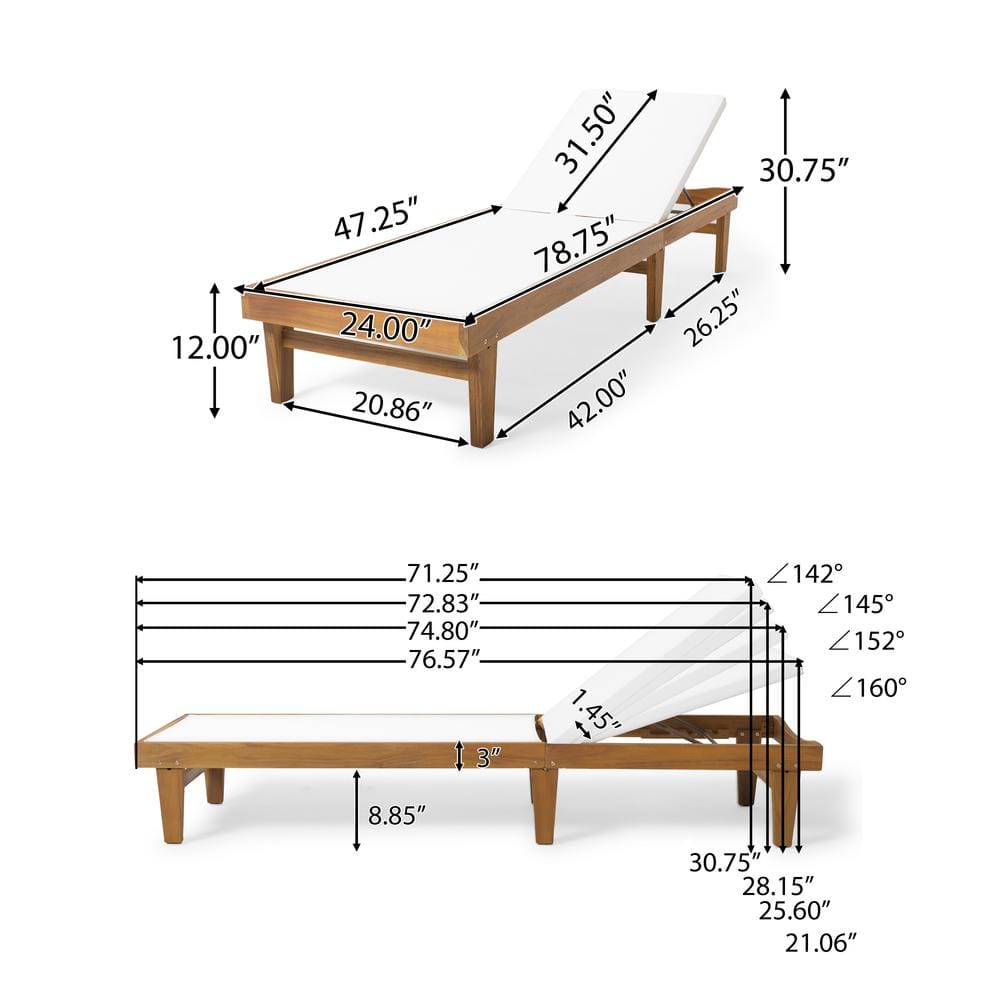 Noble House Summerland White and Teak Brown Wood Adjustable Outdoor Chaise Lounges