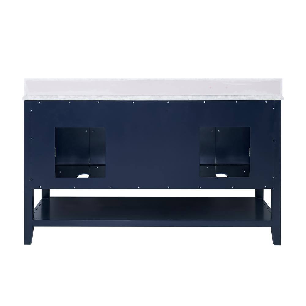 Home Decorators Collection Sturgess Open Shelf 61 in. W x 22. D x 35. H Double Sink Vanity in Navy Blue with White Marble Vanity Top 19111S-VS61C-NB