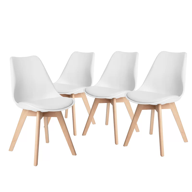 Matcha Chic Set of 4 Dining Chairs Mid-Century Modern Shell PU Seat with Wooden Legs-White