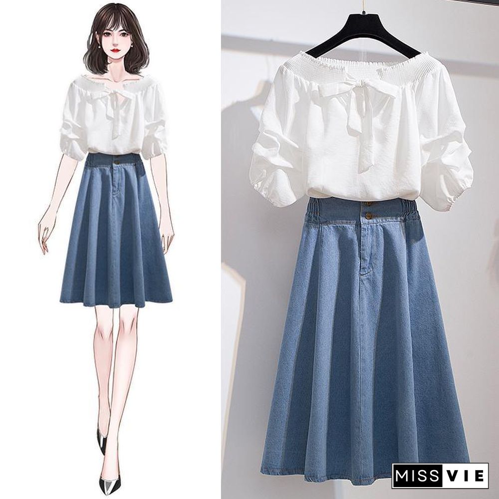 Cute Off Shoulder Blouse+Denim Skirt P11160