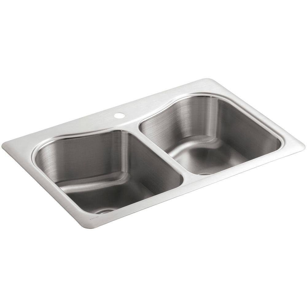 KOHLER Staccato Drop-In Stainless Steel 33 in. 1-Hole Double Bowl Kitchen Sink with Hardwood Cutting Board K-3369-1-NA