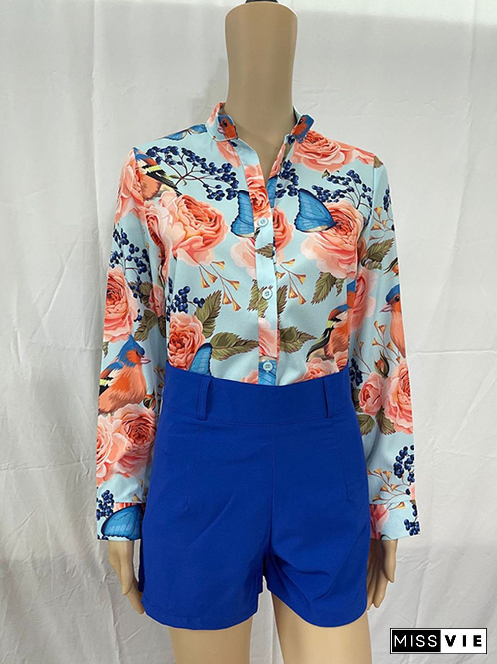 Long Sleeves Buttoned Flower Print Deep V-Neck Shirts Top +Belted Shorts Bottom Two Pieces Set