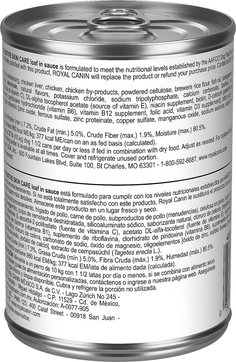 Royal Canin Canine Care Nutrition Sensitive Skin Care Loaf in Sauce Canned Dog Food， 13.5-oz， case of 12