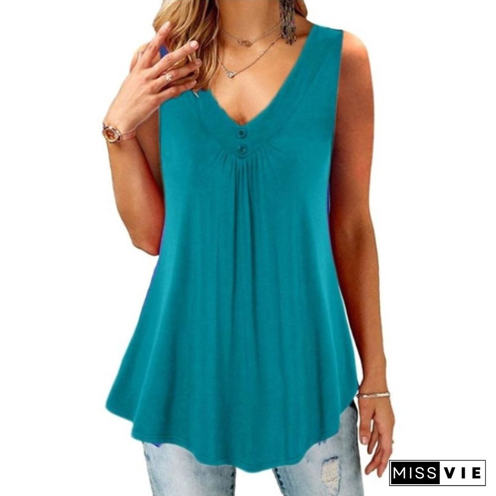 Summer Women's Solid V-Neck Pleated Button Sleeveless Loose Tank Top Ladies Casual Blouses Female Sexy Clothing Home Street Wear