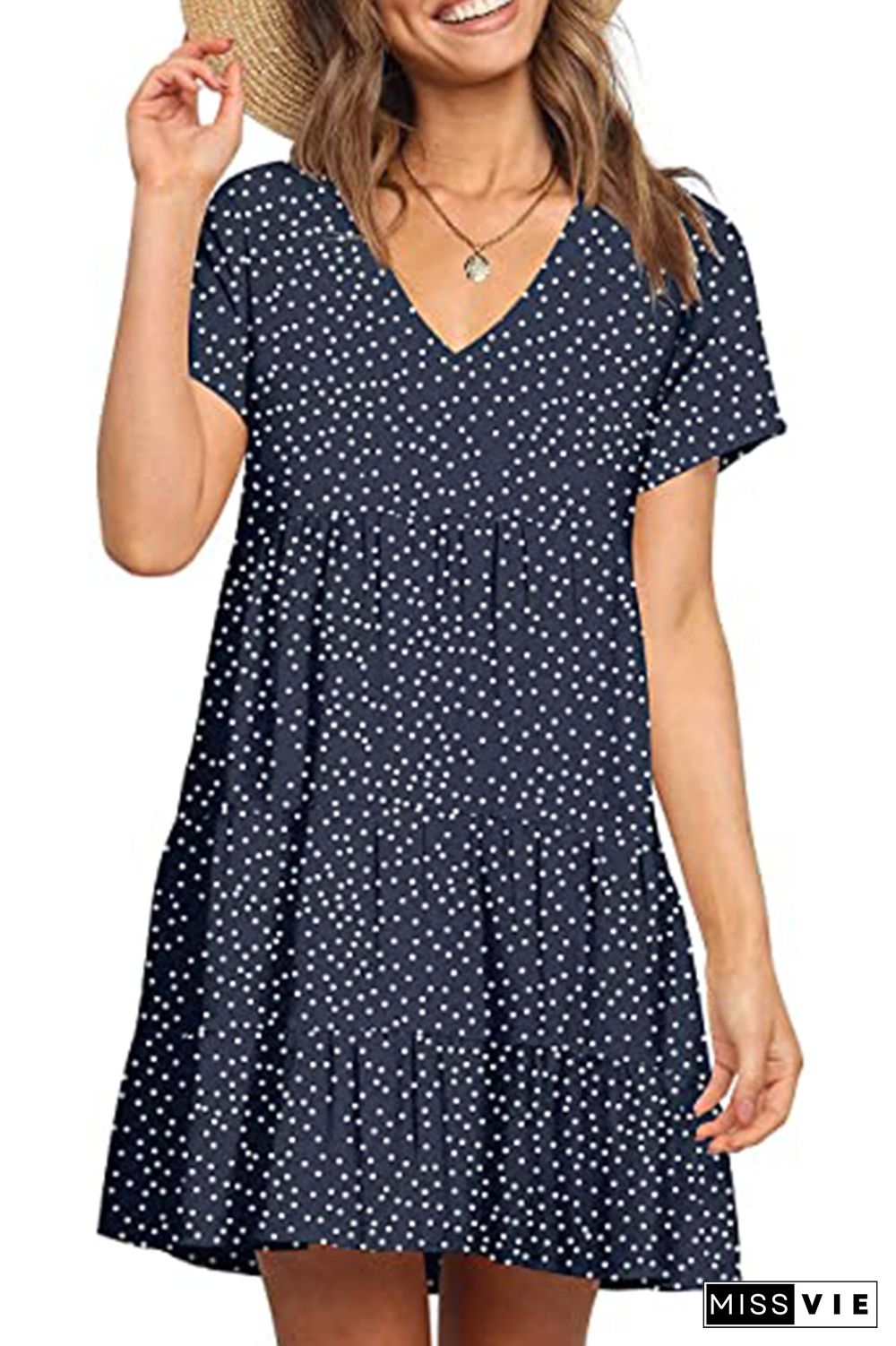 Polka Dot Print V-neck Short Sleeve Mini Dress Wholesale