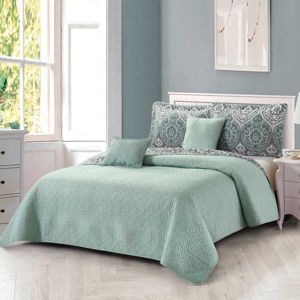 Home Soft Things 5 Piece Kingston Damask Printed Microfiber Quilts