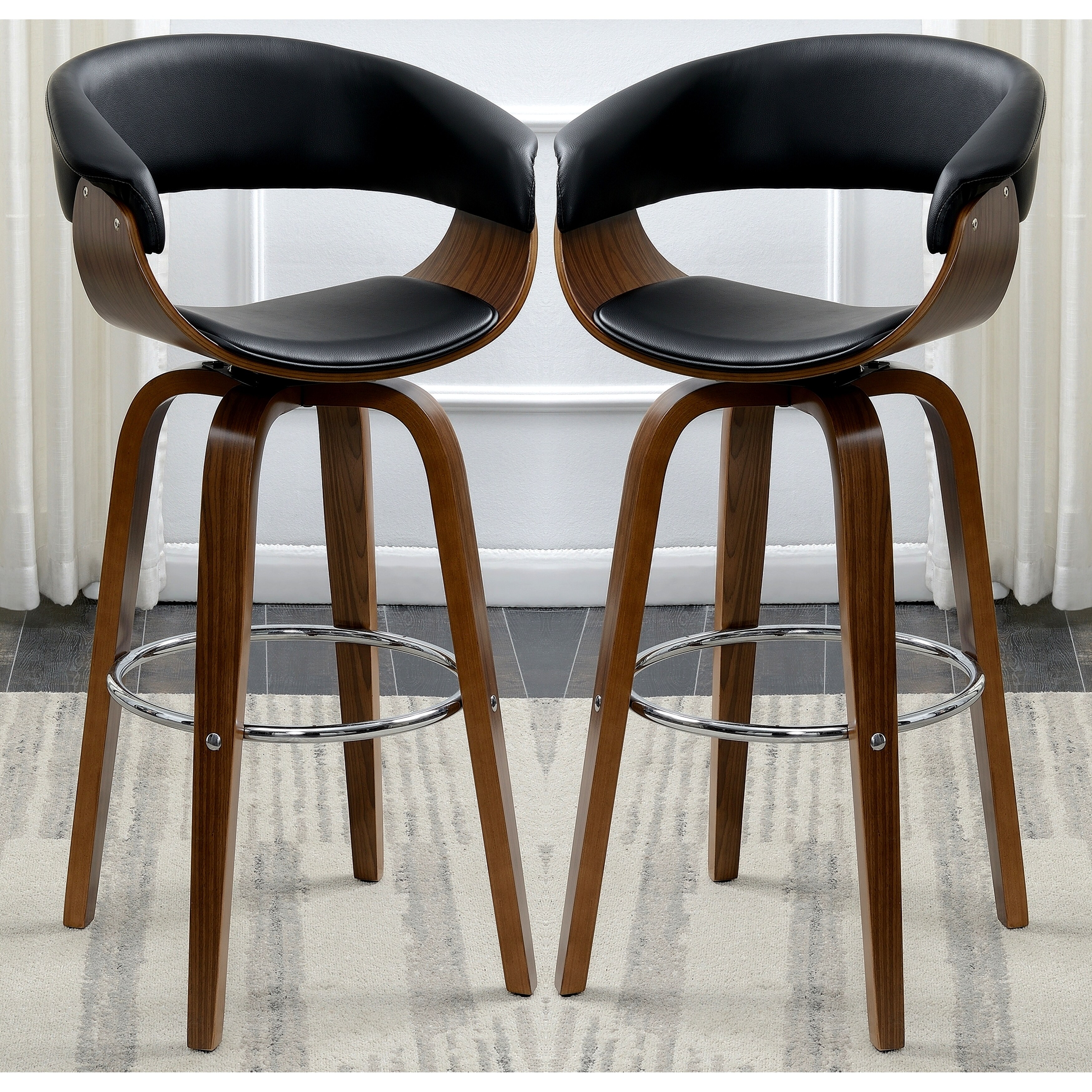 Modern Walnut Bentwood Design Black Upholstered Bar Stool