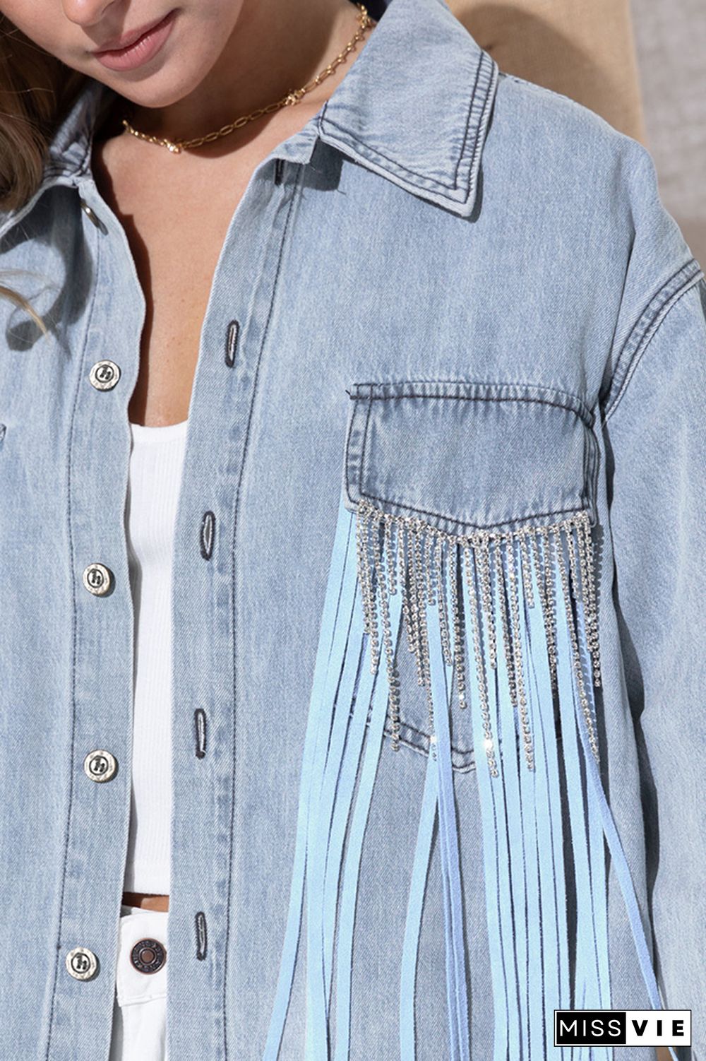 Crystal and Tassel Pocket Open Button Denim Jackets