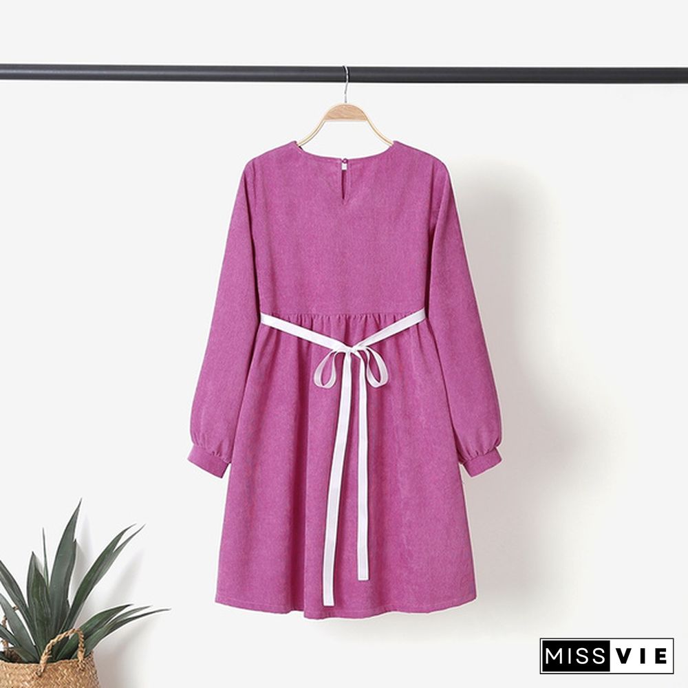 Women Corduroy Long Sleeve A Line Dress Plus Size Mini Tunic Dress