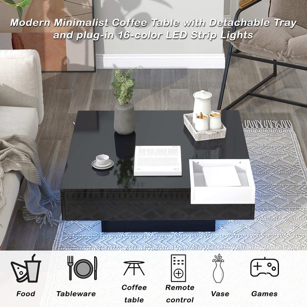 Square Coffee Table with Detachable Tray and Plug-in 16-color LED Strip Lights Remote Control Sofa Table for Living Room