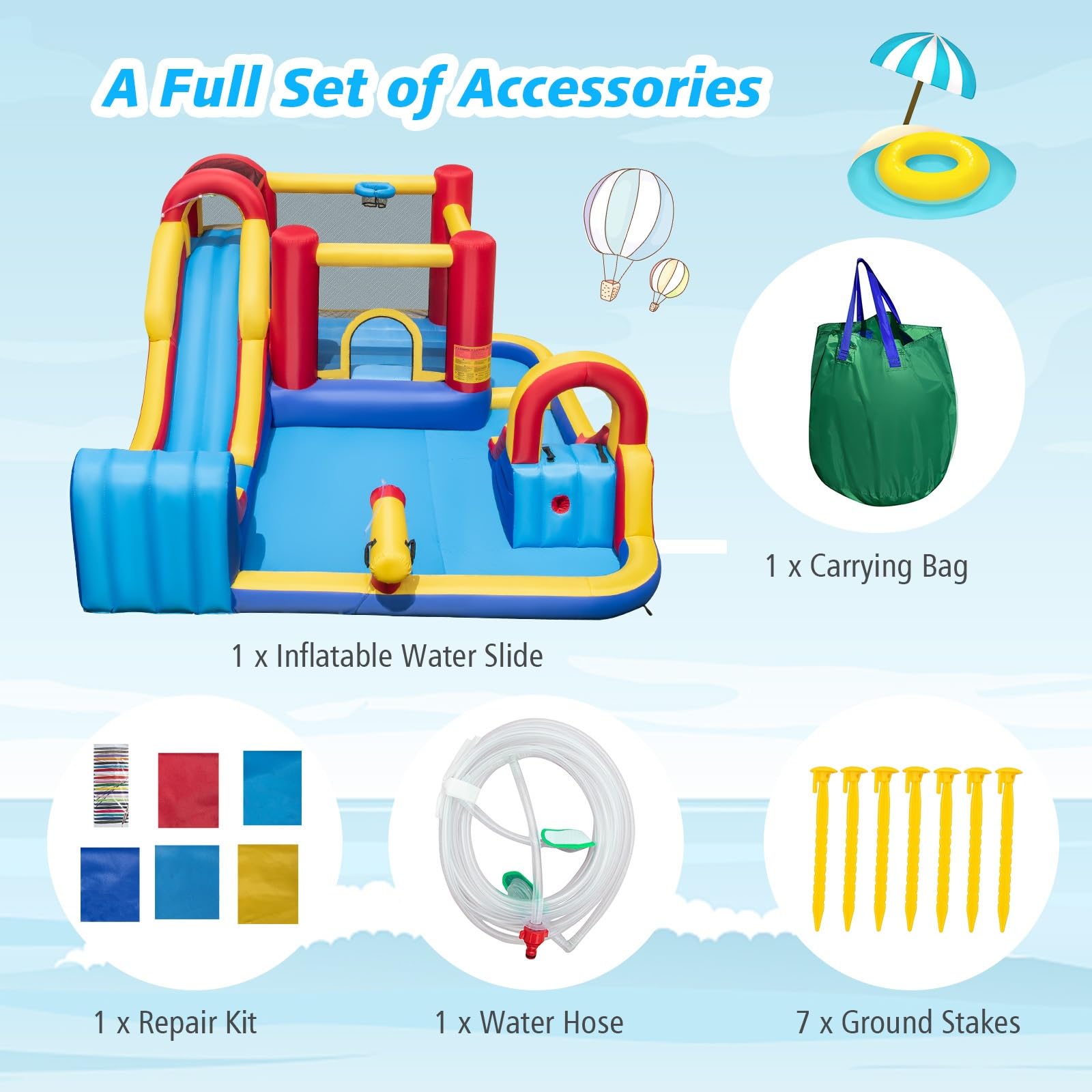 BOUNTECH Inflatable Water Slide, 7 in 1 Mega Waterslide Park Bounce House for Outdoor Fun w/Long Slide