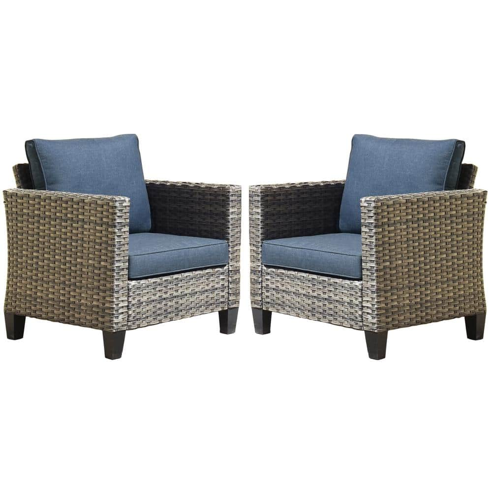 OVIOS New Vultros Gray 2-Piece Wicker Outdoor Lounge Chair with Blue Cushions GRS3022