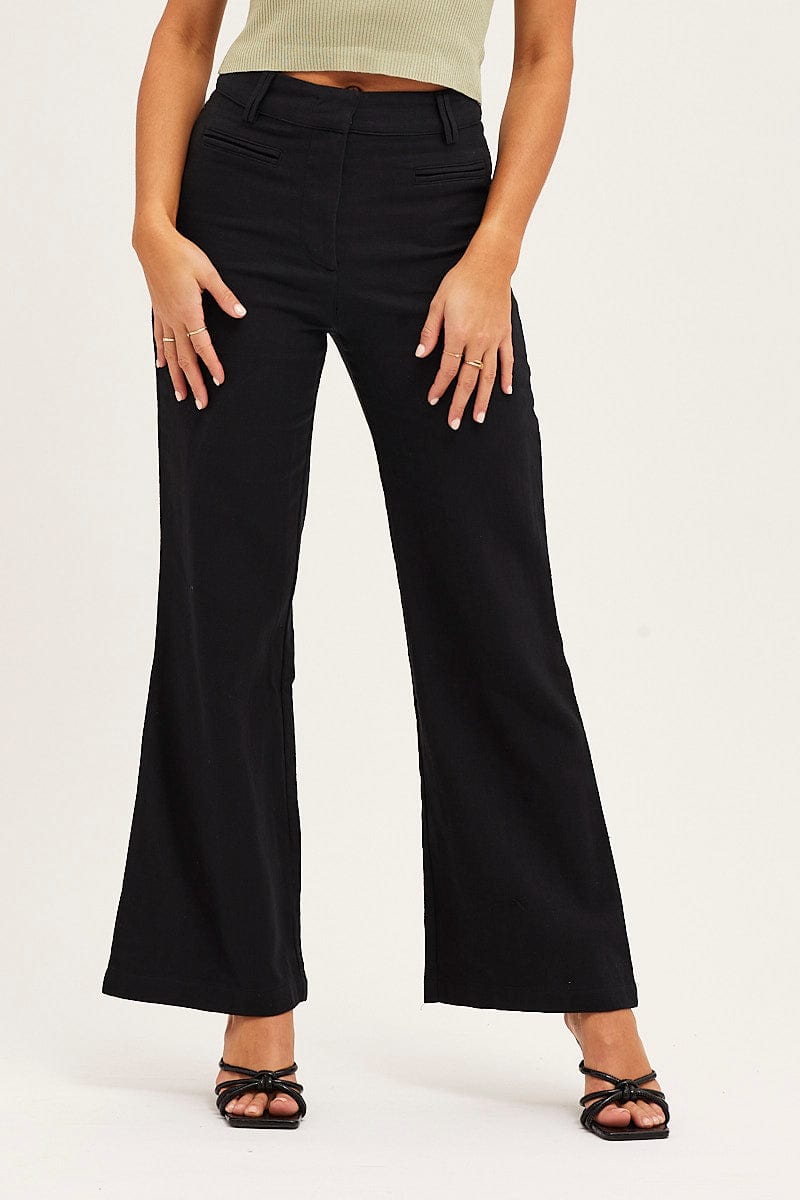 Black High Rise Linen Blend Wide Leg Pants
