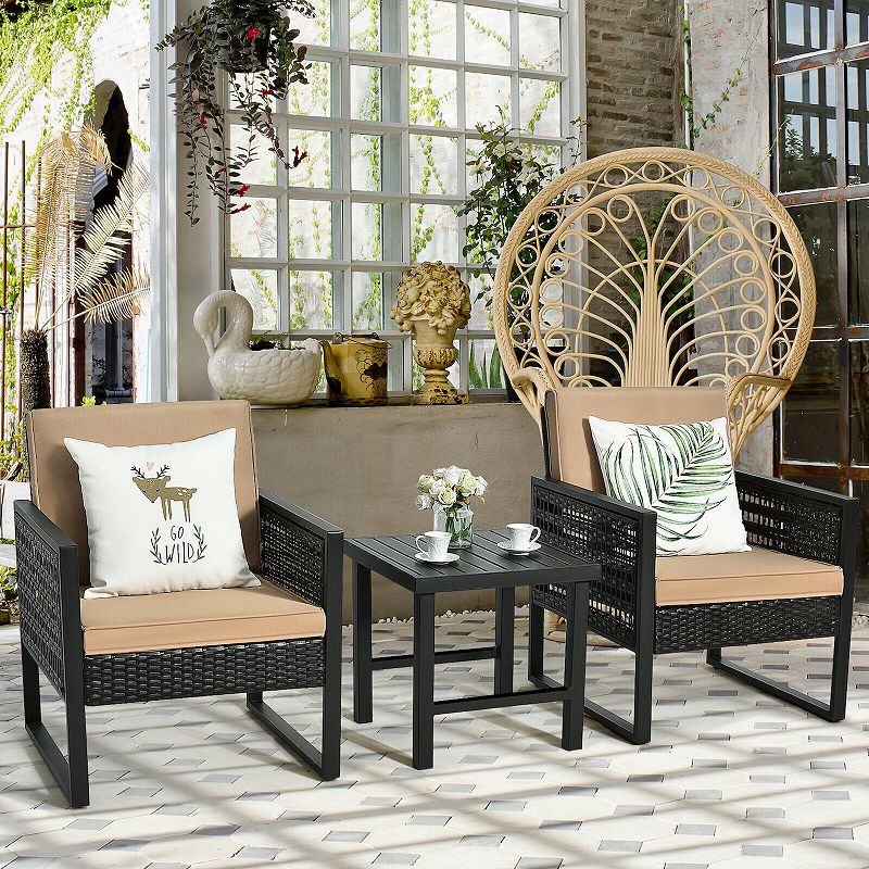 3 Pieces Patio Rattan Bistro Cushioned Furniture Set