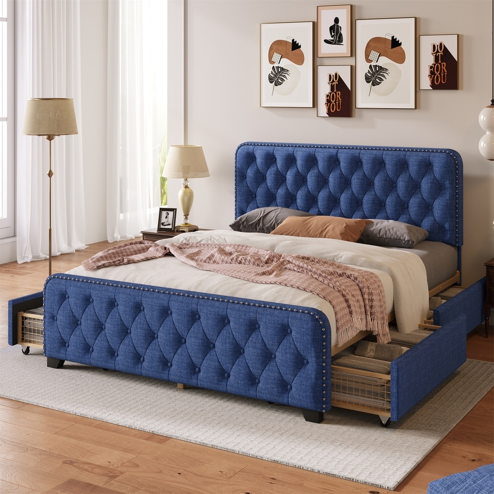 Full Upholstered Platform Bed Frame with Storage Drawers