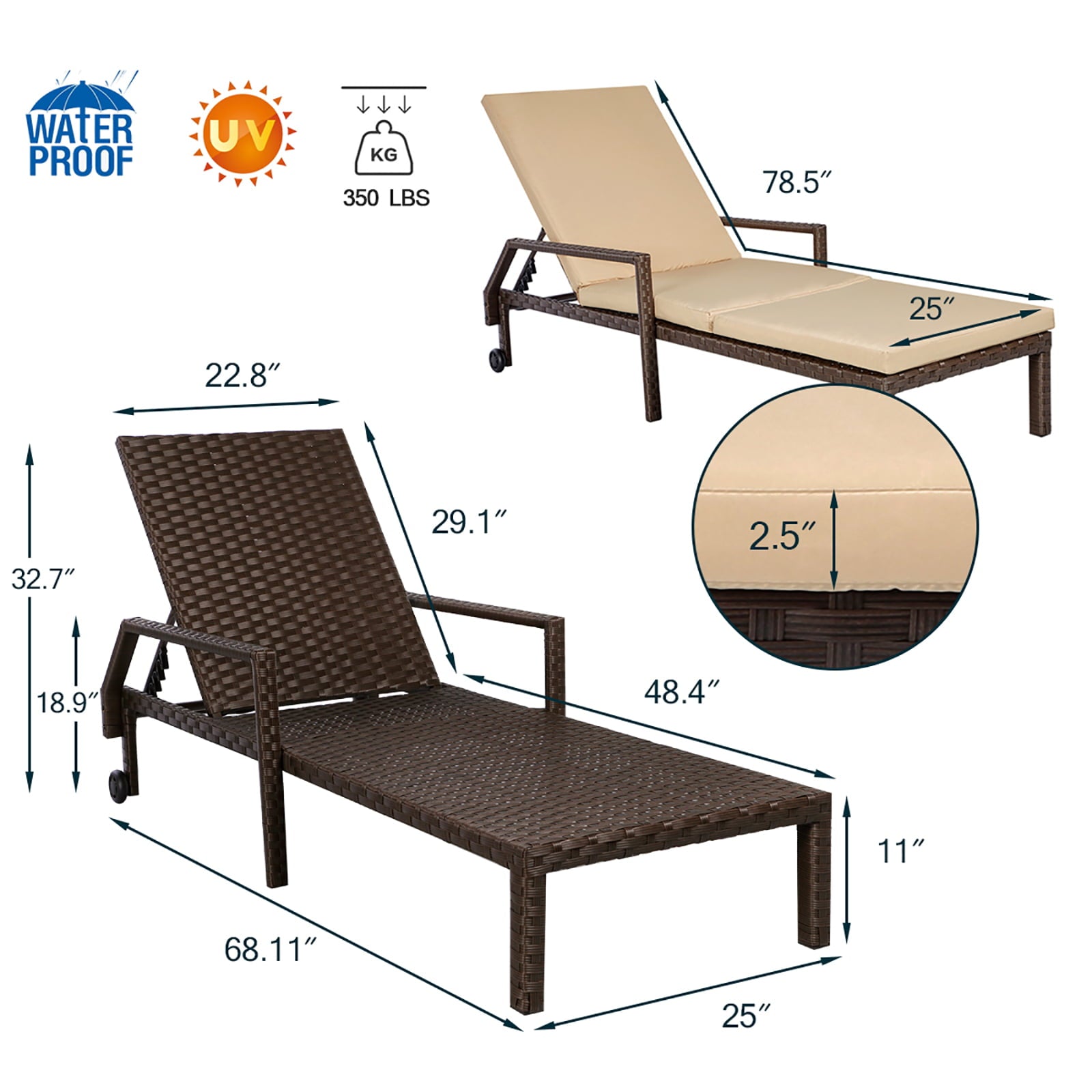 YODOLLA Adjustable Outdoor Chaise Lounge Chair Rattan Wicker Patio Lounge Chair Set of 2 with Cushion and Wheels for Lawn Beach Pool Backyard, Brown