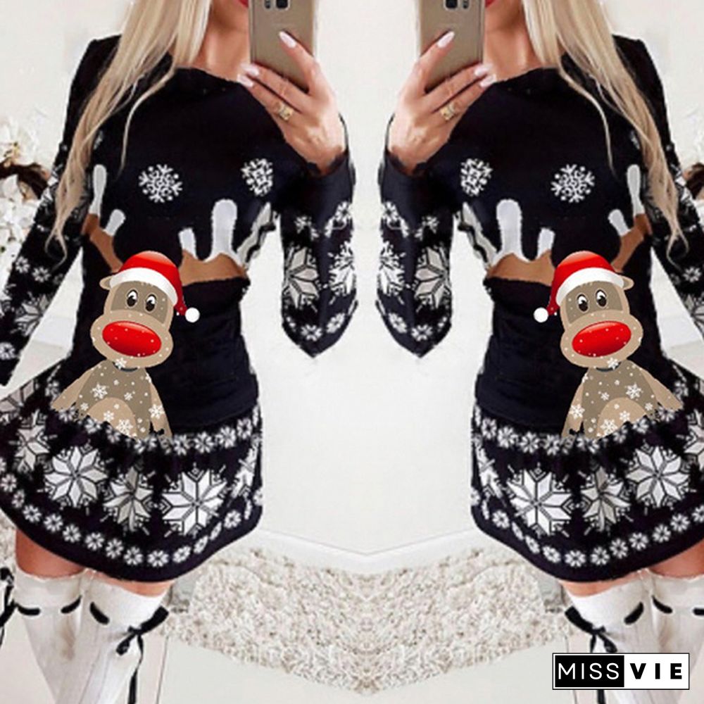 New Womens Christmas Elk Mini Dress Ladies Long Sleeve Xmas Bodycon Dresses Plus Size XS-5XL