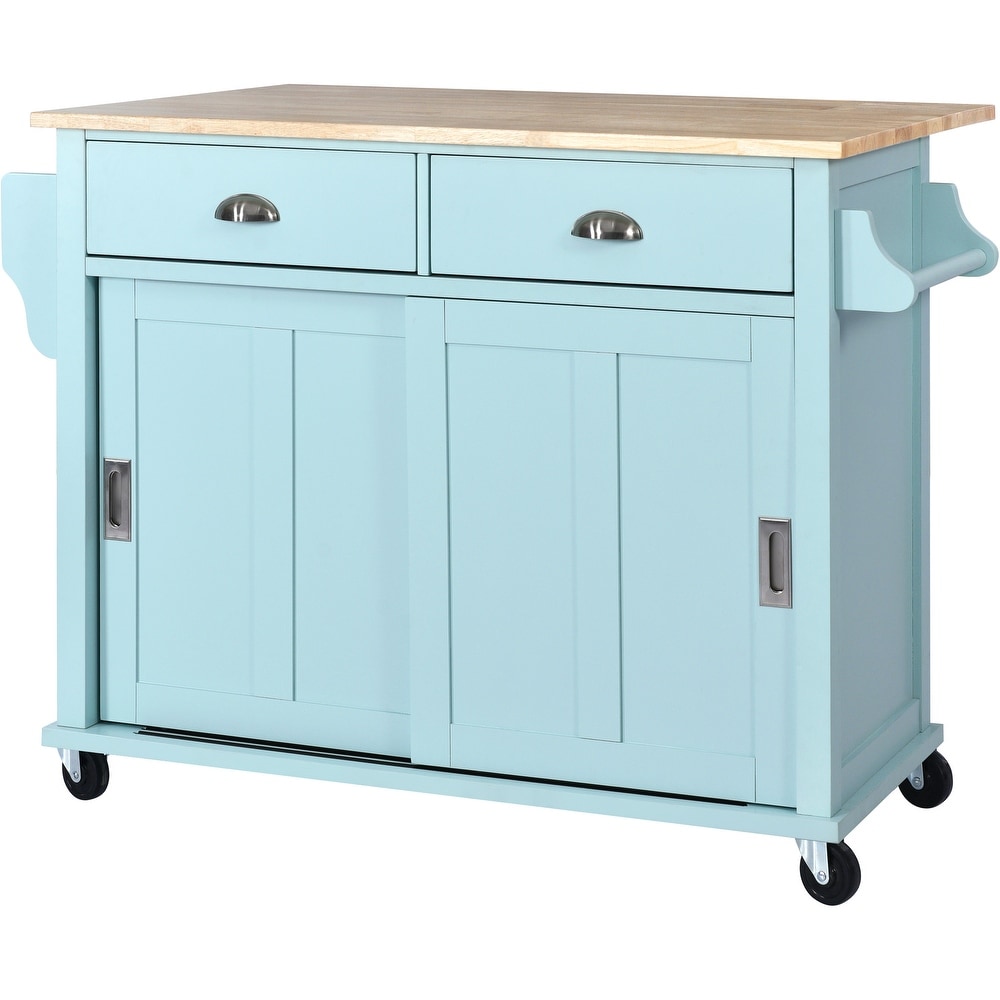 Kitchen Cart with Rubber wood Drop Leaf Countertop  Concealed Sliding Barn Door  Storage Cabinet   2 Drawers for Dinning Room