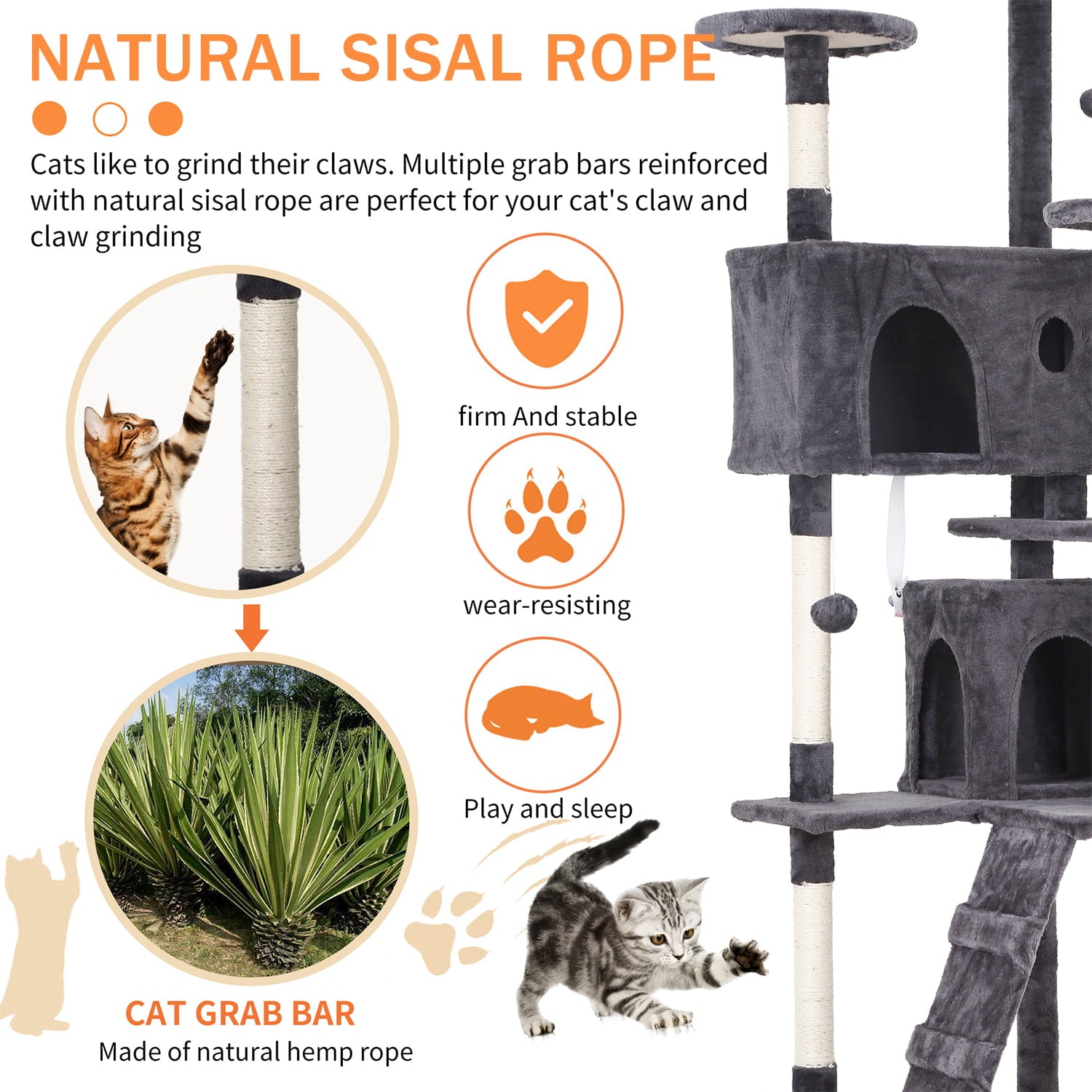 NiamVelo 54-in Cat Tree Tower Furniture Cat Condo with Scratching Post for Indoor Cats， Gray