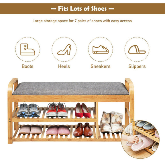 Costway 72910548 3 Tier Bamboo Shoe Rack Bench wit...