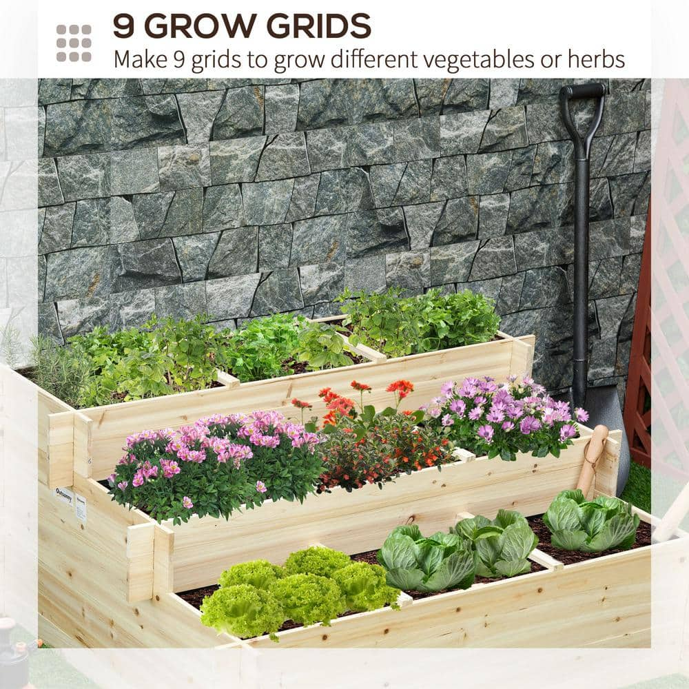 Outsunny Outdoor 46 in. W Natural Wood 3 Tier Raised Garden Bed with 9 Grow Grids and Non-woven Fabric 845-581