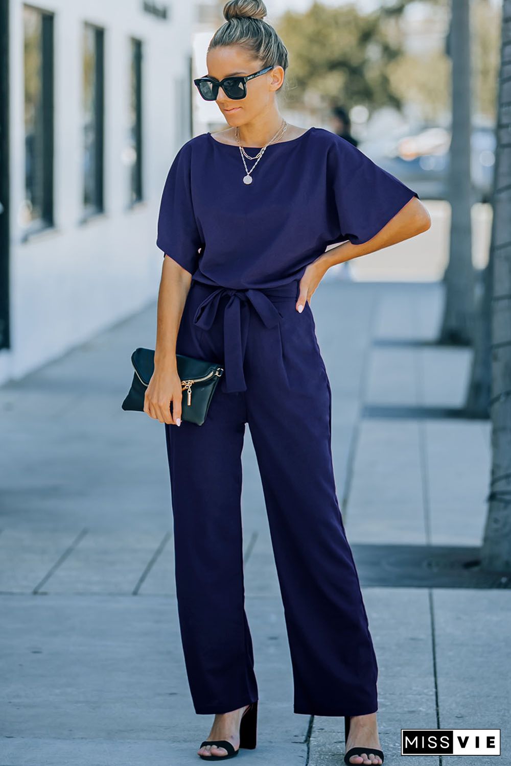 Blue Belted Wide Leg Jumpsuit