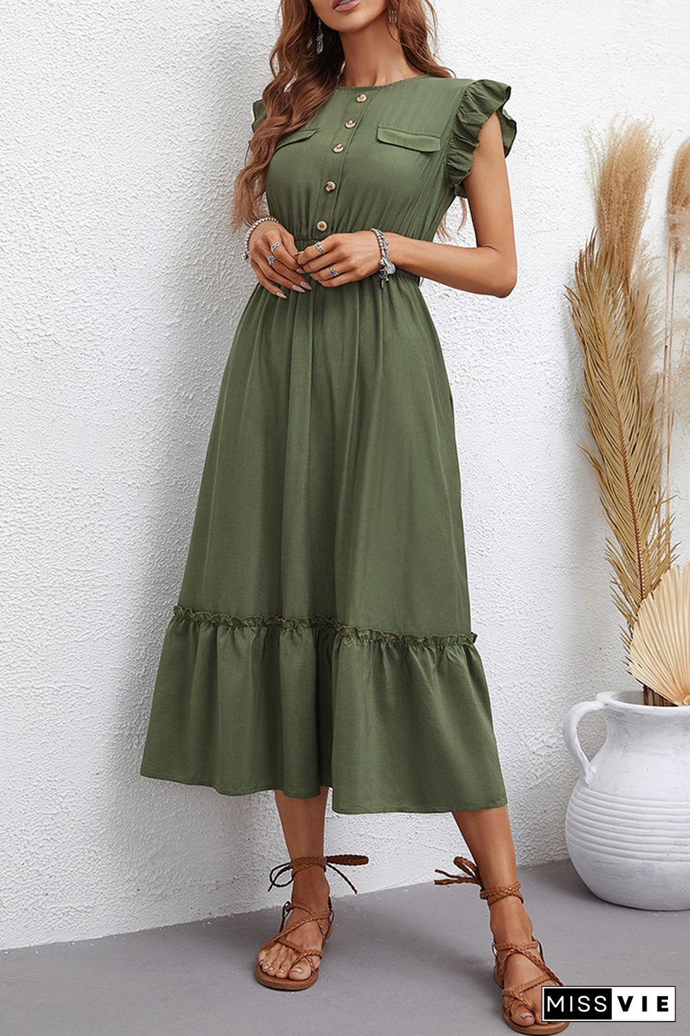 Green Button Down Short Sleeve Long Dress Wholesale