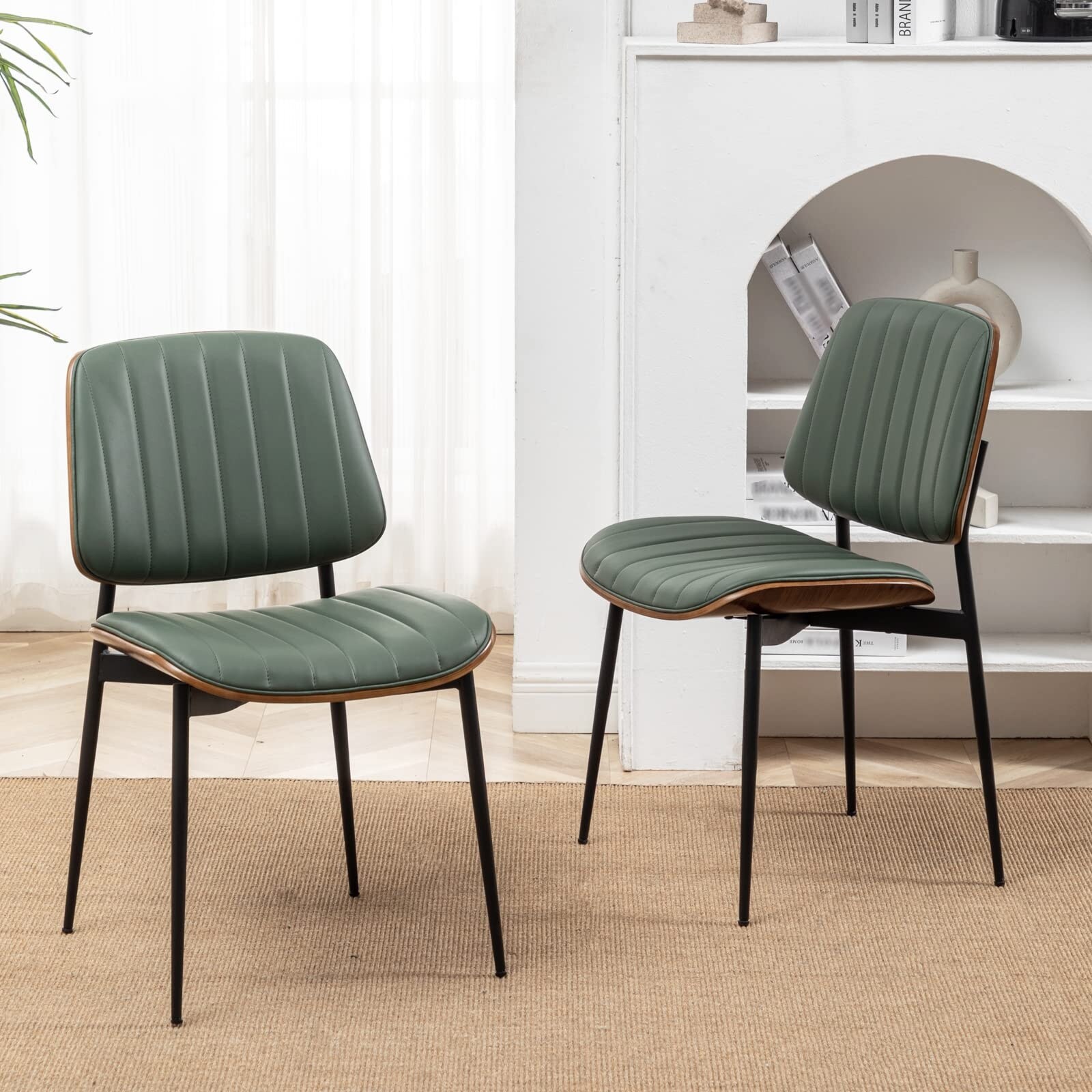 Dining Chairs Set of 2 Mid Century Modern Retro Faux Leather Chair with Walnut Bentwood Upholstered Seat (Green) - as picture