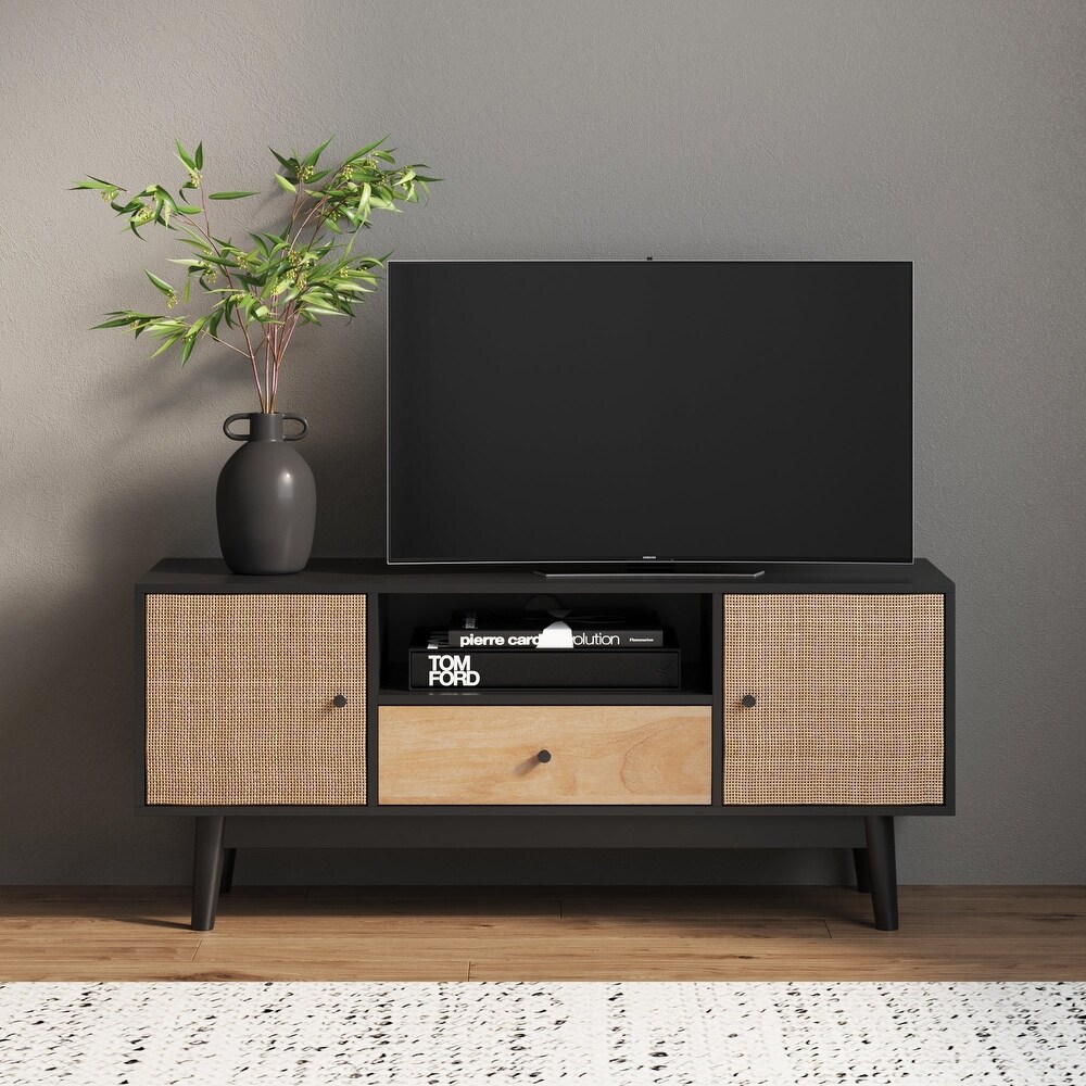 Nathan James Bonnie TV Stand With Natural Rattan Doors  Drawer  and Open Cubby